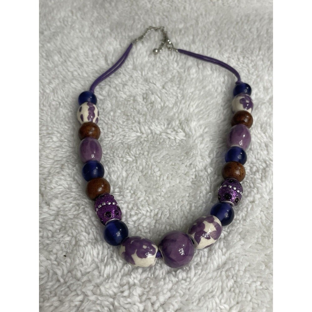 Ceramic Rhinestone Bubblegum Necklace. Cow Bead Wood Satin Cord